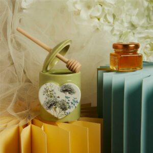 PORTA MIELE CON MIELE E SPARGIMIELE DECORO FLOREALE VERDE 6.5X7.5X9 CM