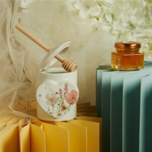 PORTA MIELE CON MIELE E SPARGIMIELE DECORO FLOREALE ROSA 6.5X7.5X9 CM