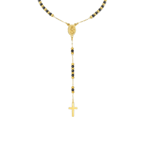 COLLANA ROSARIO UOMO CON PIETRE EMATITE NERA. MADONNA MIRACOLOSA E CROCE IN ACCI