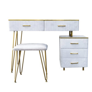 CONSOLLE DA TRUCCO (2 COLLI) 2 CASSETTI C/COMODINO E SGABELLO VELLUTO/METAL/ACRILICO