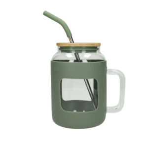 BOCCALE CURVY VERDE MILITARE VETRO C/CANNUCCIA INOX/SILICONE E TAPPO BAMBOO