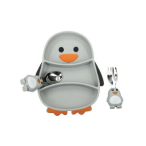 SET PAPPA PINGUINO SILICONE C/FORCHETTA E CUCCHIAIO INOX