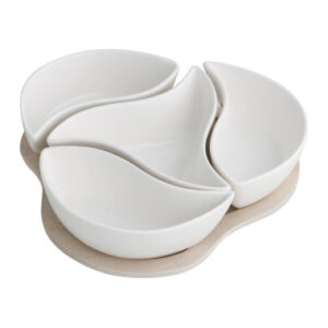 ANTIPASTIERA TRIFOGLIO PORCELLANA BIANCA C/SUPP BAMBOO NAT