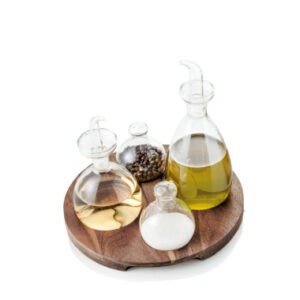 MENAGE SET 4 PEZZI VETRO C/VASSOIO ACACIA